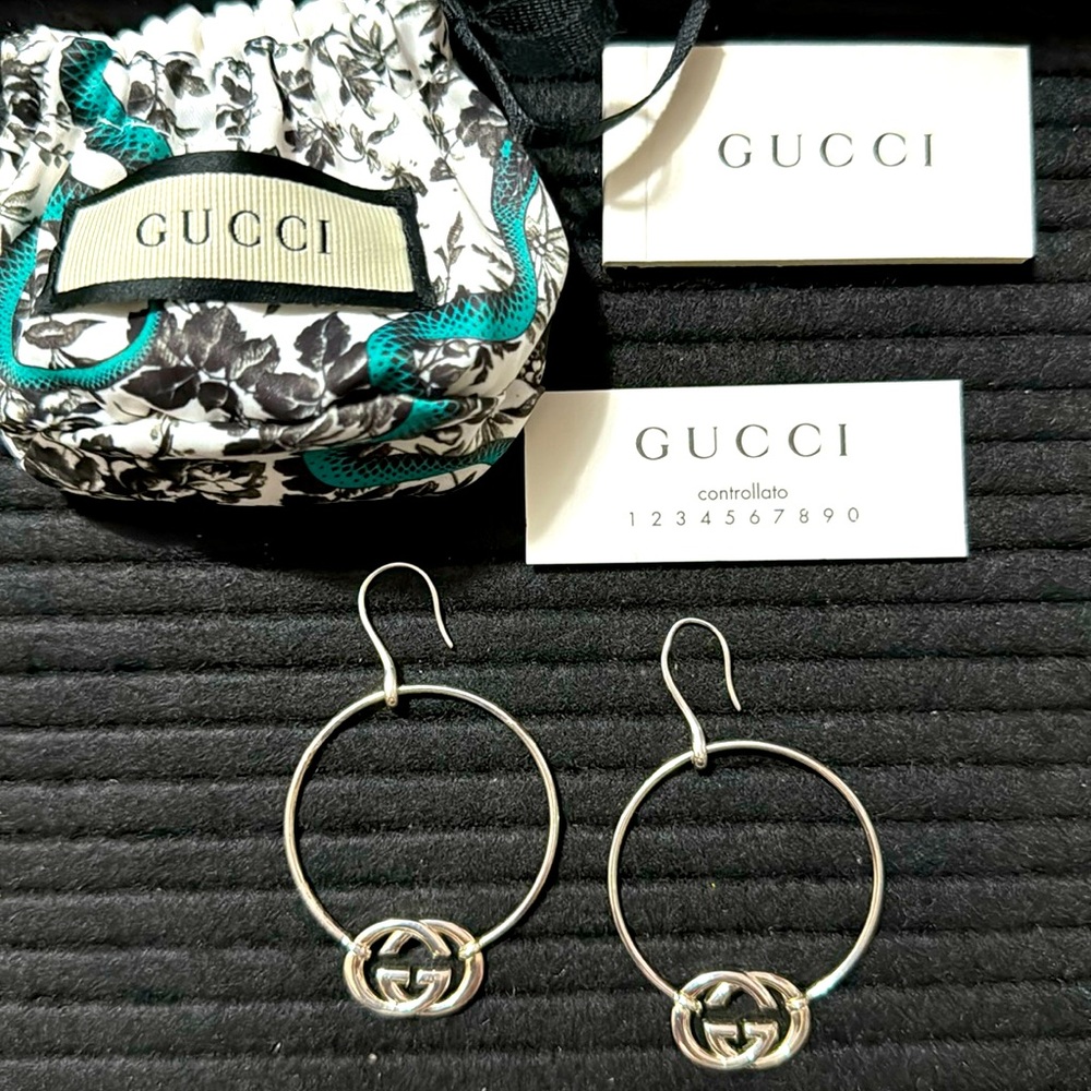 GUCCI BRITT INTERLOCKING HOOP DROP DANGLE EARRING STERLING SILVER